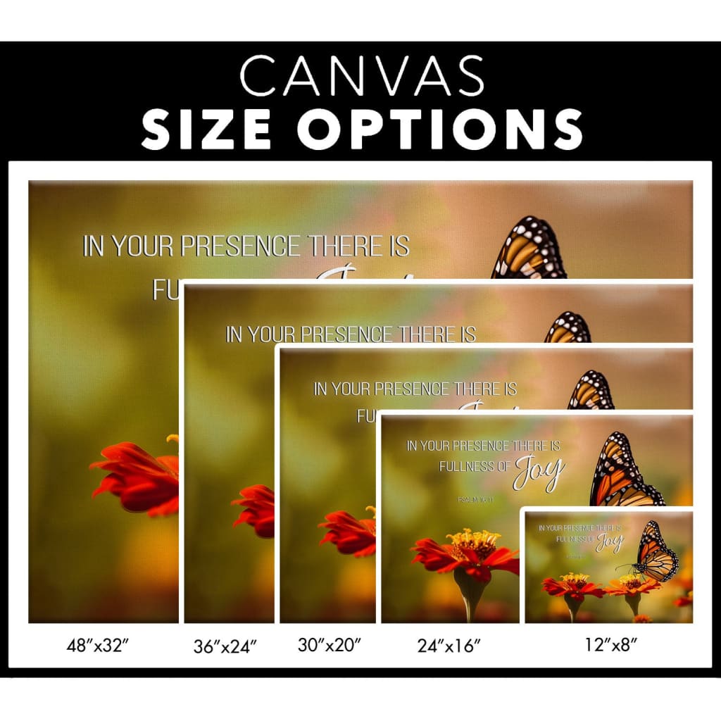 Canvas option - Religious wall art canvas with Psalm 16:11, butterfly, and flowers, "Fullness of Joy," perfect for Christian homes.