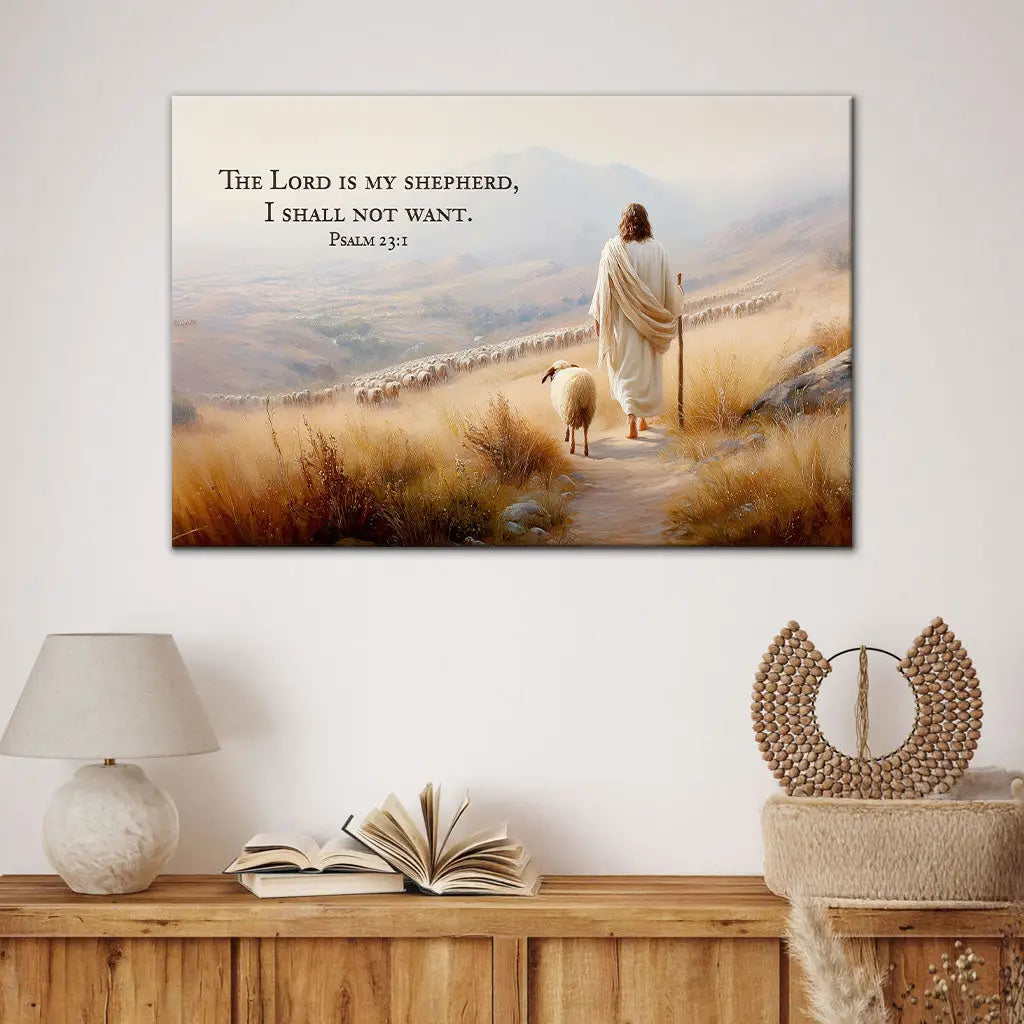Psalm 23 KJV wall art canvas featuring the verse “The Lord Is My Shepherd, I Shall Not Want.” Landscape / 12’’ x 8’’