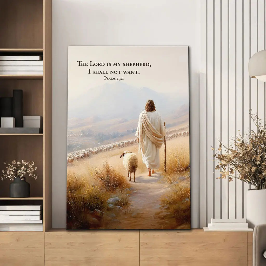 Inspirational wall art with Bible verse from Psalm 23 offering peace and reassurance. Portrait / 8’’ x 12’’