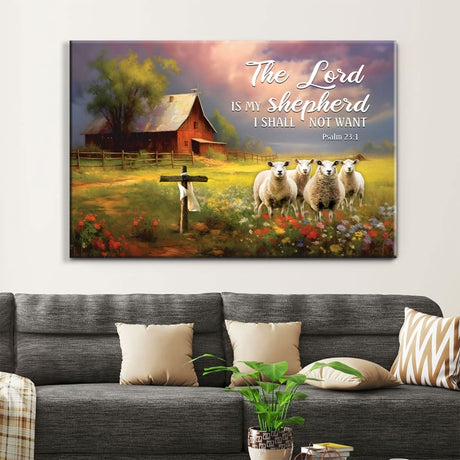 Inspirational wall art displaying "The Lord Is My Shepherd" from Psalm 23:1, featuring a red barn and sheep, great Christian decor.