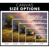 Faith-based wall art featuring "The Lord Is My Shepherd" (Psalm 23:1) with a red barn and sheep, perfect for Christian home decor / canvas size options.