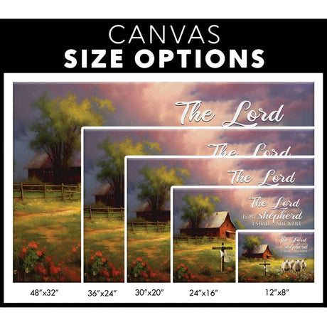 Faith-based wall art featuring "The Lord Is My Shepherd" (Psalm 23:1) with a red barn and sheep, perfect for Christian home decor / canvas size options.