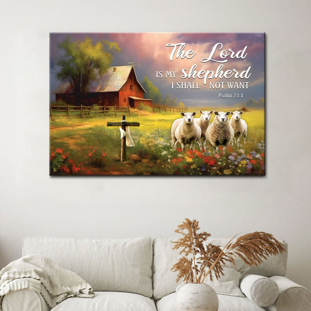 Christian wall art canvas featuring Psalm 23:1, "The Lord Is My Shepherd," with a red barn and sheep, perfect for gifts.
