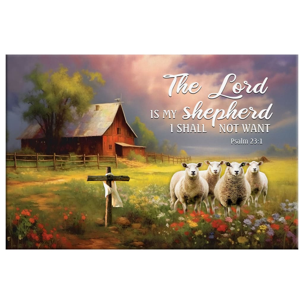 Bible verse wall art canvas with Psalm 23:1, "The Lord Is My Shepherd," showcasing a red barn and sheep, ideal for faith-based gifts.