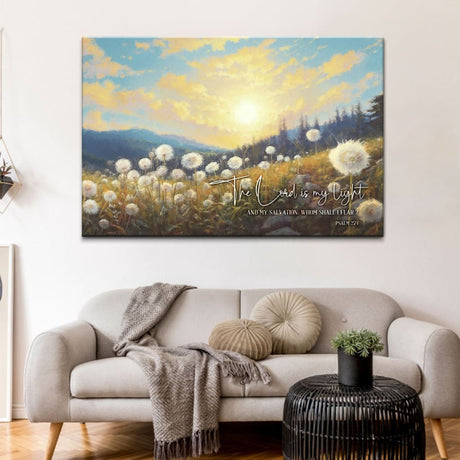 Bible verse wall art with Psalm 27:1, showcasing a peaceful dandelion field at sunset, ideal for Christian artwork.