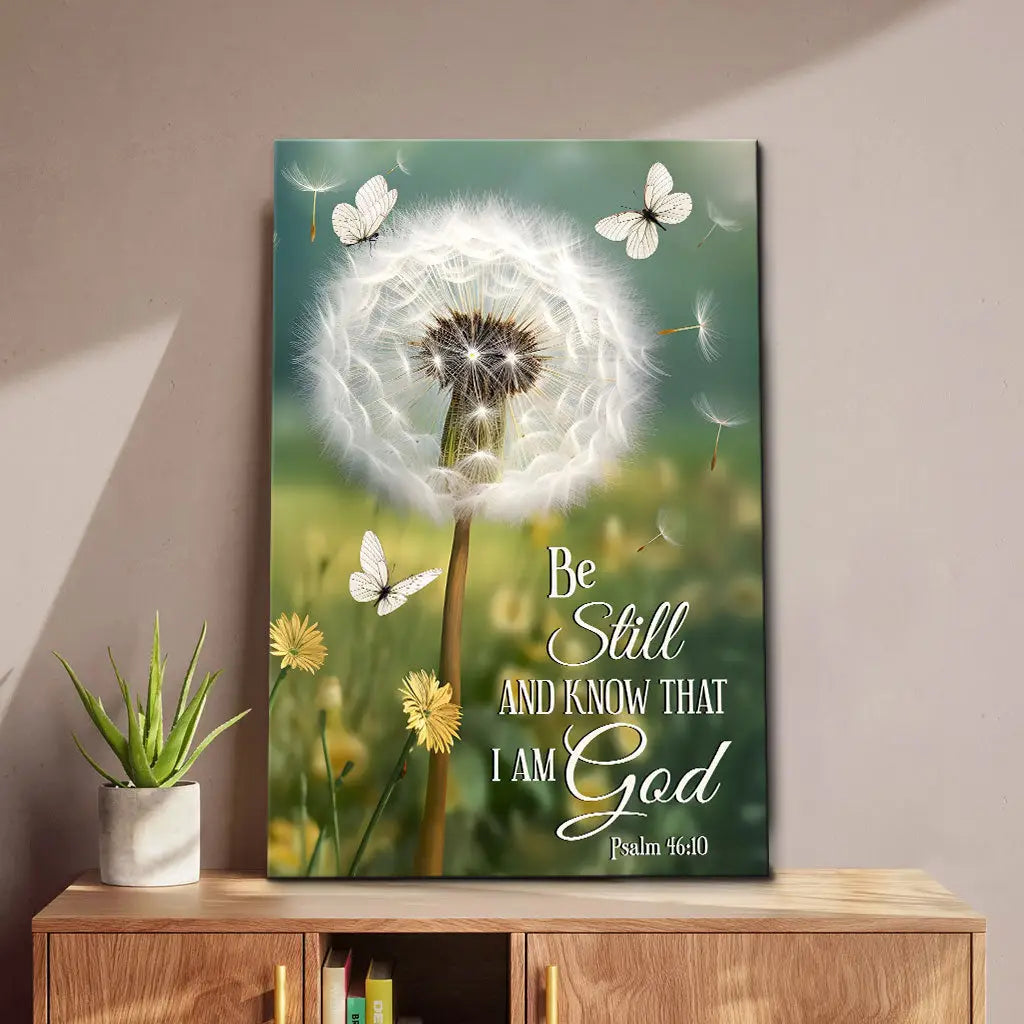 Christian wall art with dandelion and butterflies, Psalm 46:10 canvas for faith, peace, and encouragement.