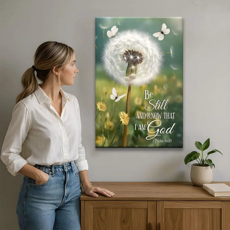 Inspirational Christian wall décor with Psalm 46:10, dandelion, and butterflies, perfect gift for peace.