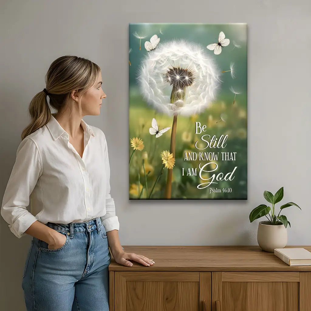 Inspirational Christian wall décor with Psalm 46:10, dandelion, and butterflies, perfect gift for peace.