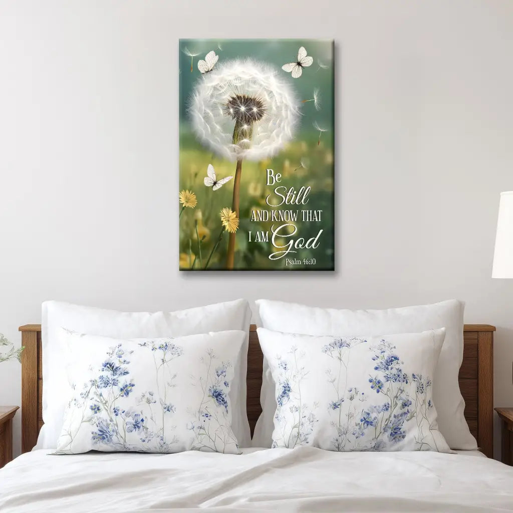 Psalm 46:10 Christian canvas print with dandelion and butterflies, faith-filled gift for trials or healing.