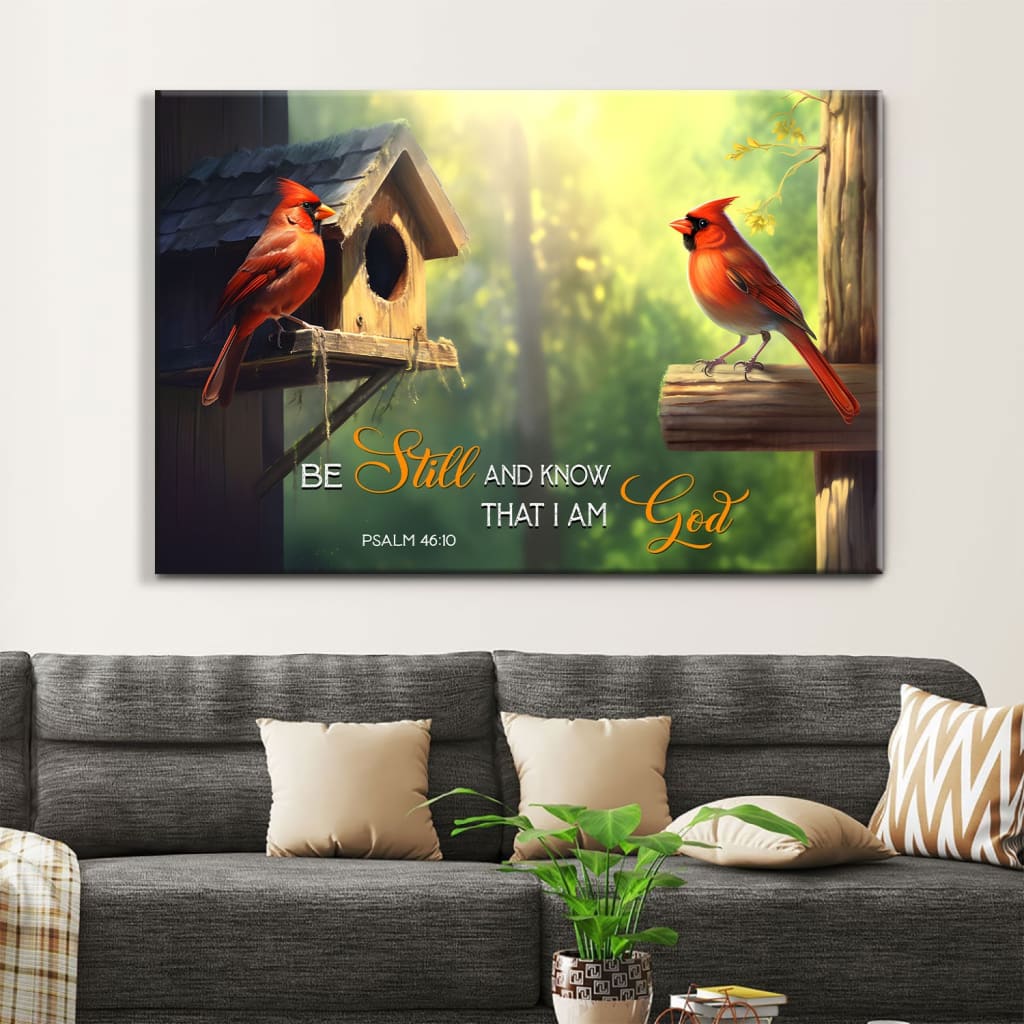 Christian wall art featuring Psalm 46:10 with a cardinal couple, bringing peace and faith to your home decor.