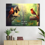 Psalm 46:10 "Be Still and Know That I Am God" wall art canvas with a cardinal couple, perfect for Bible verse decor.