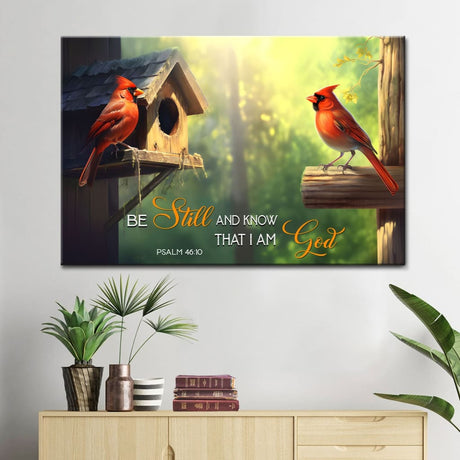 Psalm 46:10 "Be Still and Know That I Am God" wall art canvas with a cardinal couple, perfect for Bible verse decor.