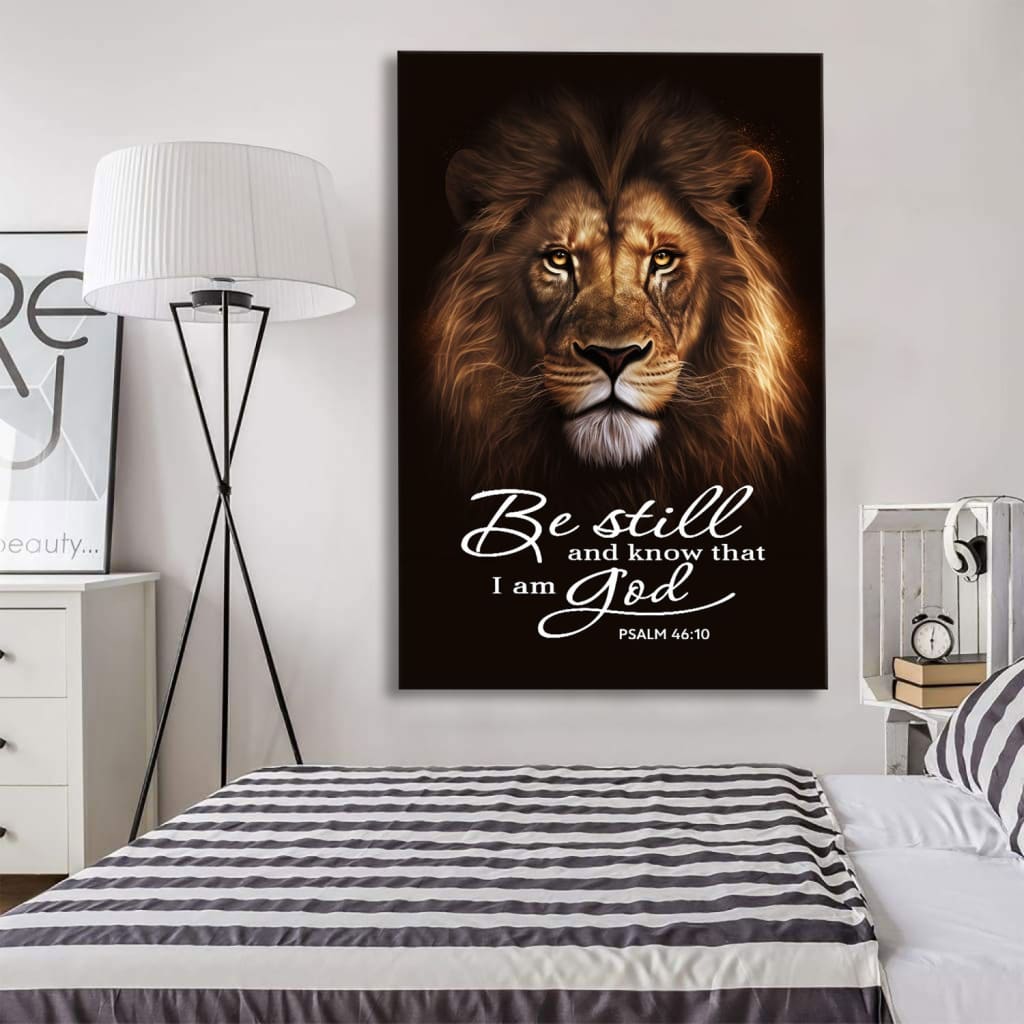 Christian wall art featuring Psalm 46:10, "Be Still And Know That I Am God," with the Lion of Judah, perfect faith-based home decor.