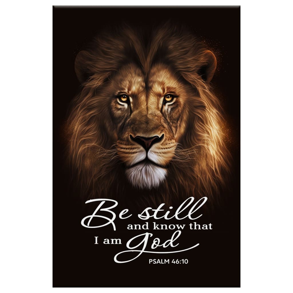 Inspirational wall art with Psalm 46:10 Bible verse and Lion of Judah, "Be Still And Know That I Am God," ideal Christian gift.