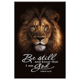 Inspirational wall art with Psalm 46:10 Bible verse and Lion of Judah, "Be Still And Know That I Am God," ideal Christian gift.