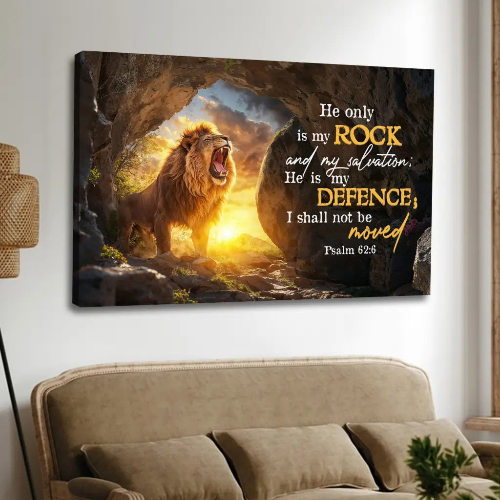 Scripture wall art featuring Psalm 62:6, the Lion of Judah, and the empty tomb. Perfect Christian home decor or gift.