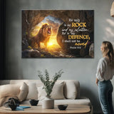 Inspirational Christian canvas: "He only is my rock and my salvation" Psalm 62:6, with the Lion of Judah and empty tomb.