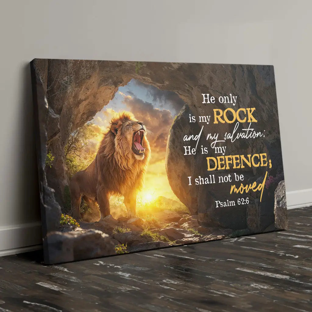 Faith-based Bible verse wall art with Psalm 62:6, the Lion of Judah, and the empty tomb. Inspirational Christian decor.