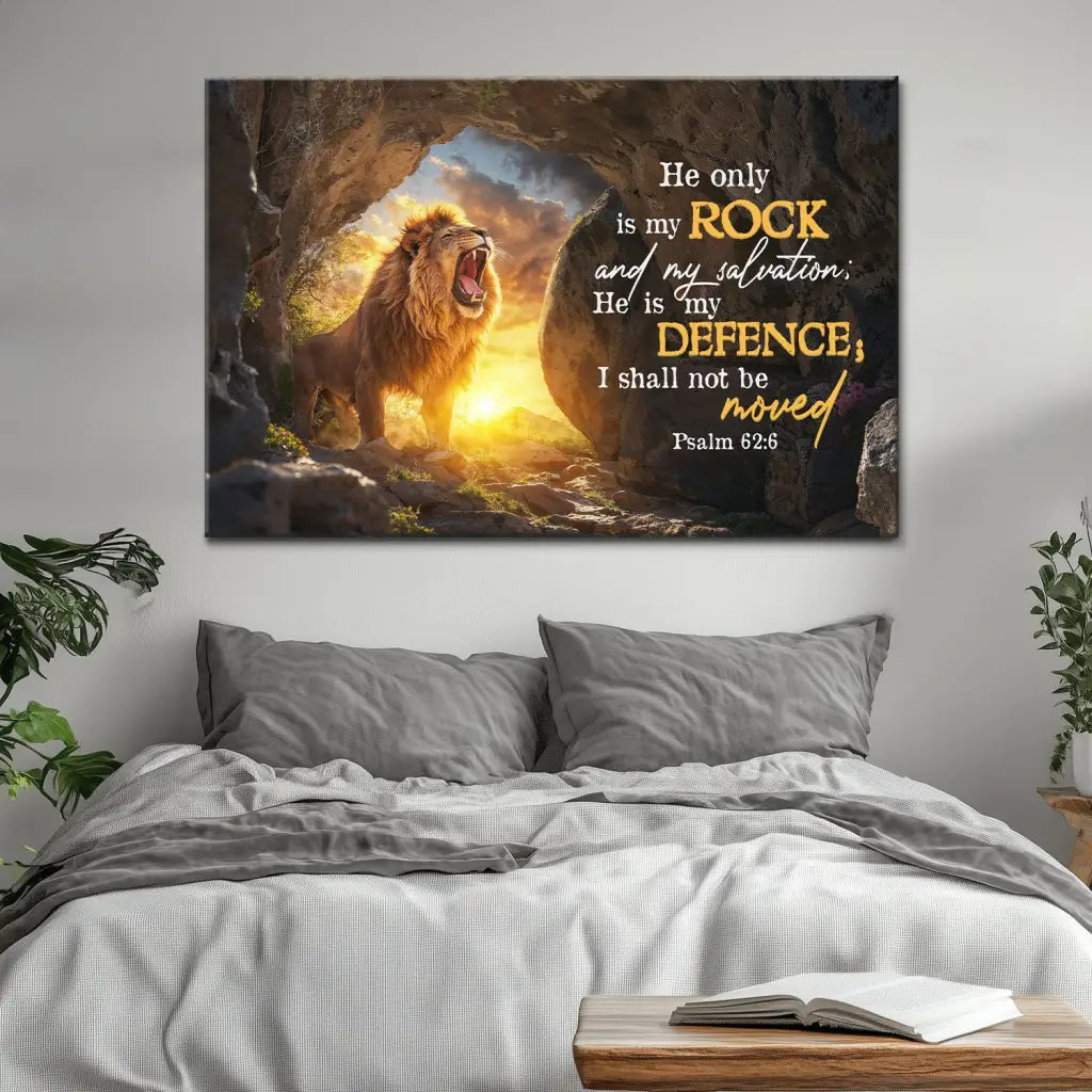 Christian home decor: Psalm 62:6 wall art canvas with the Lion of Judah and empty tomb. A powerful faith-based design.