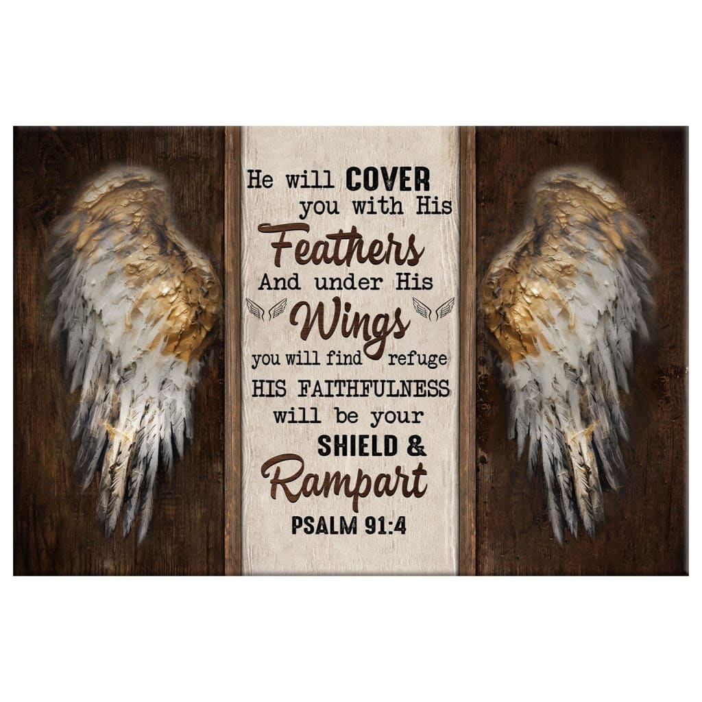 Scripture wall art canvas with angel wings and the Bible verse Psalm 91:4, "He Will Cover You With His Feathers."