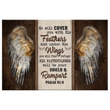 Scripture wall art canvas with angel wings and the Bible verse Psalm 91:4, "He Will Cover You With His Feathers."