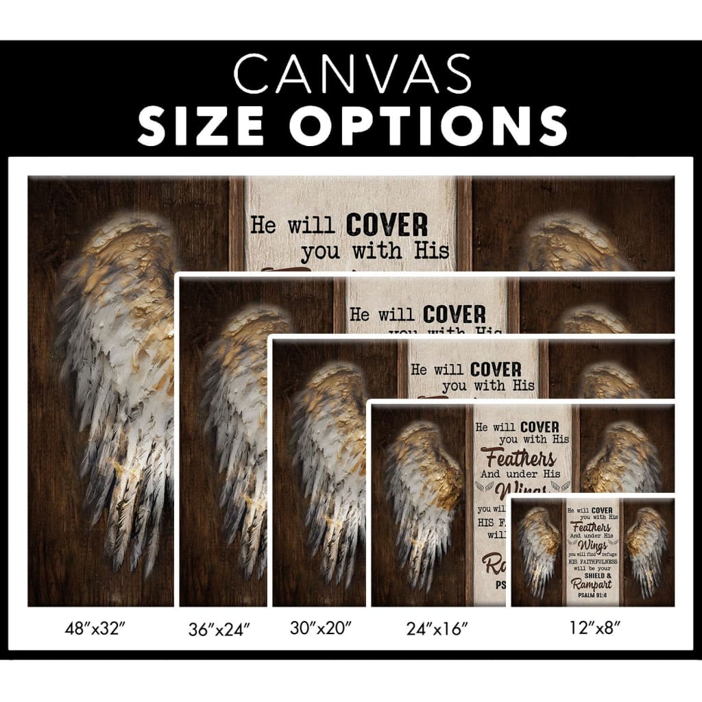 "He Will Cover You With His Feathers" Psalm 91:4 wall decor, featuring angel wings and Christian design / canvas size options.