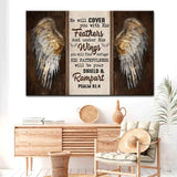 "He Will Cover You With His Feathers" Psalm 91:4 wall art canvas featuring angel wings.