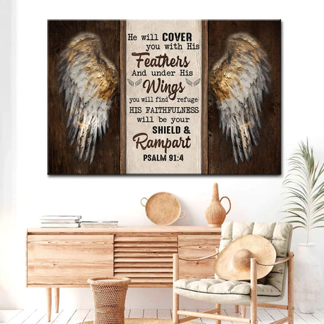 "He Will Cover You With His Feathers" Psalm 91:4 wall art canvas featuring angel wings.