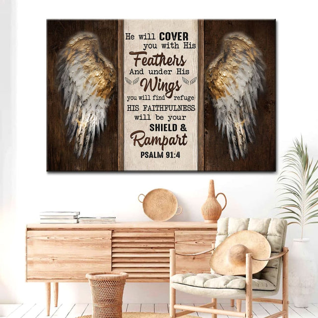 "He Will Cover You With His Feathers" Psalm 91:4 wall art canvas featuring angel wings.