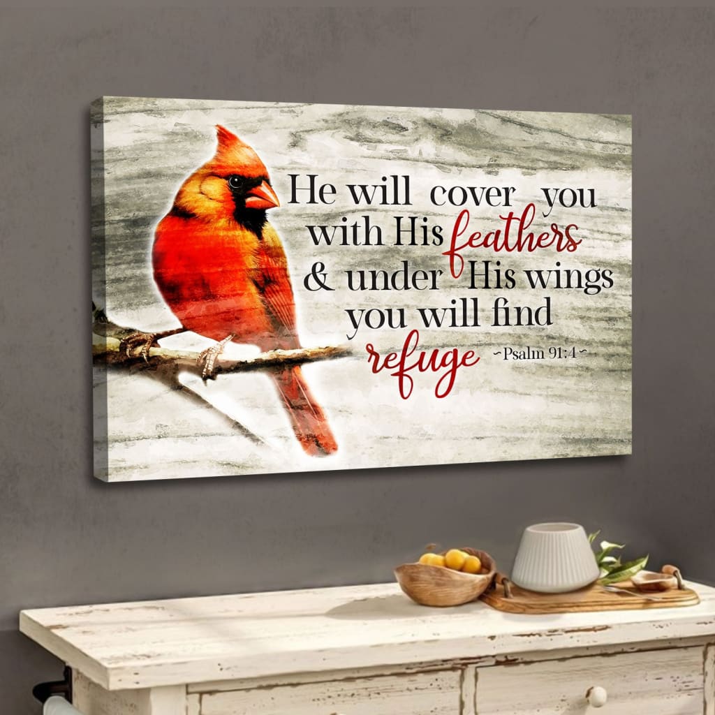 "He Will Cover You With His Feathers" Psalm 91:4 wall art canvas featuring a cardinal bird, Christian decor.