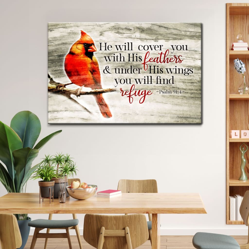 Psalm 91:4 Bible verse wall art, "He Will Cover You With His Feathers," with a cardinal bird design.