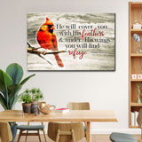 Psalm 91:4 Bible verse wall art, "He Will Cover You With His Feathers," with a cardinal bird design.