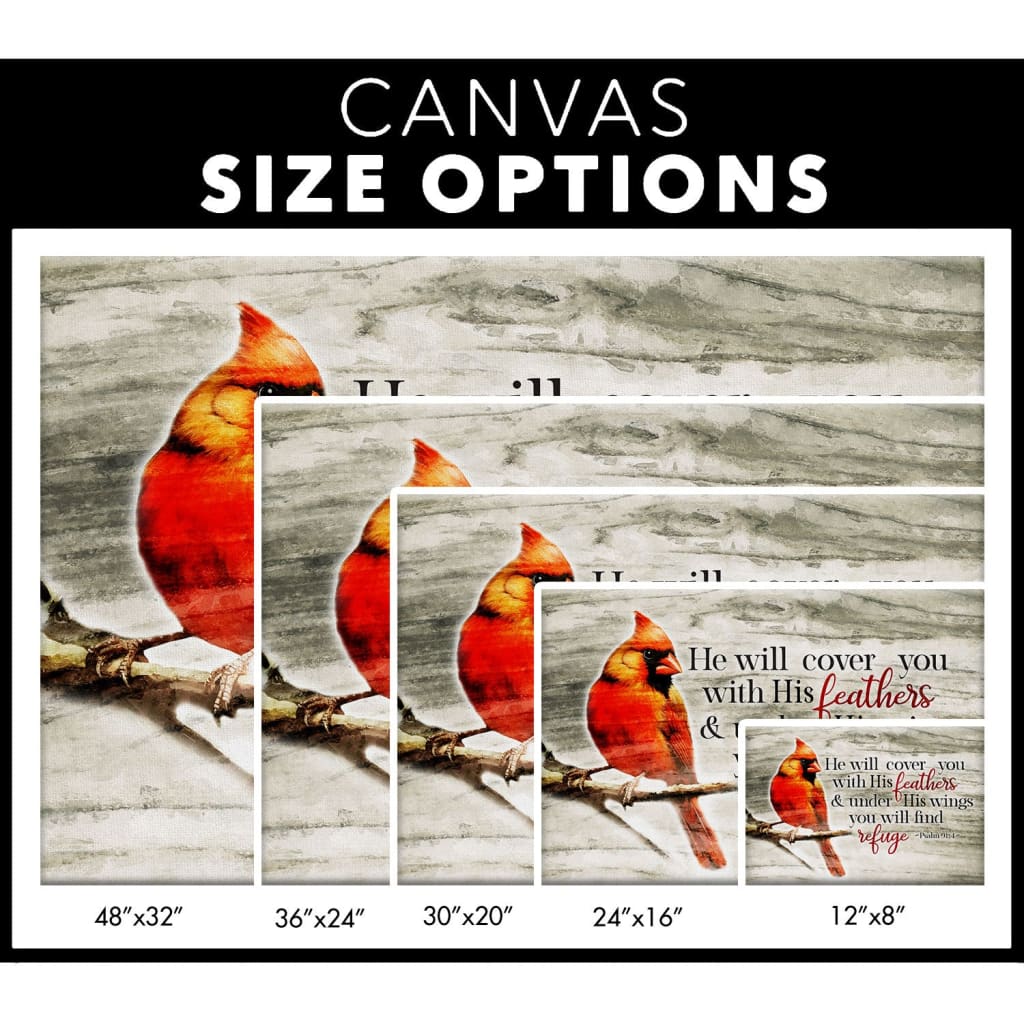 Cardinal bird, Psalm 91:4 He will cover you with his feathers wall art canvas size options