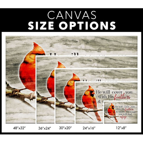 Cardinal bird, Psalm 91:4 He will cover you with his feathers wall art canvas size options