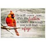 Christian wall art canvas with Psalm 91:4 and a cardinal bird, inspiring Bible verse home decor.