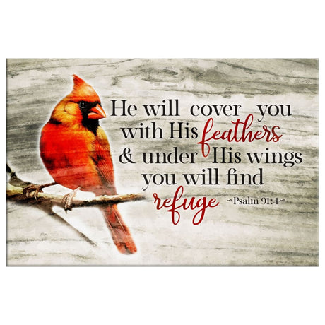 Christian wall art canvas with Psalm 91:4 and a cardinal bird, inspiring Bible verse home decor.