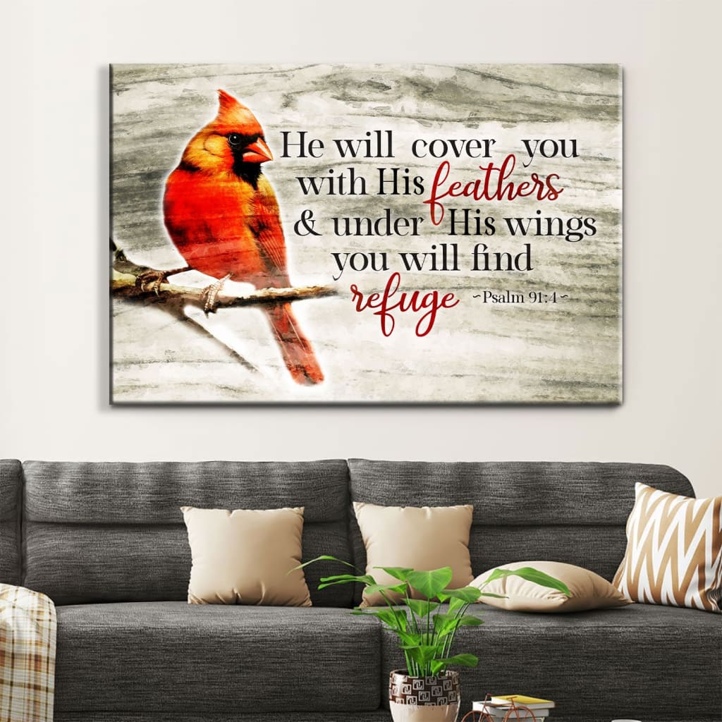Cardinal bird, Psalm 91:4 He will cover you with his feathers wall art canvas, Bible Verse Wall Decor