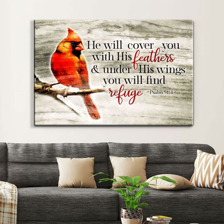 Cardinal bird, Psalm 91:4 He will cover you with his feathers wall art canvas, Bible Verse Wall Decor