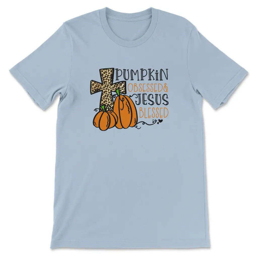 Pumpkin Obsessed Jesus Blessed Women’s T-shirt Light Blue / S