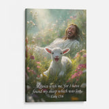 Religious wall art featuring Luke 15:6 reminding believers of God’s joy in redemption.