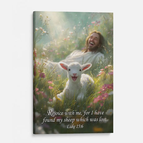 Religious wall art featuring Luke 15:6 reminding believers of God’s joy in redemption.