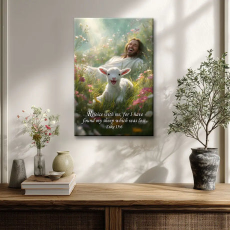Inspirational Christian art depicting Jesus embracing the lamb He has rescued.