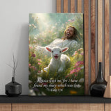Rejoice with Me for I Have Found My Sheep wall art canvas featuring Jesus with a lamb.