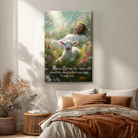 Faith-based wall decor portraying the Good Shepherd rejoicing over His found sheep.
