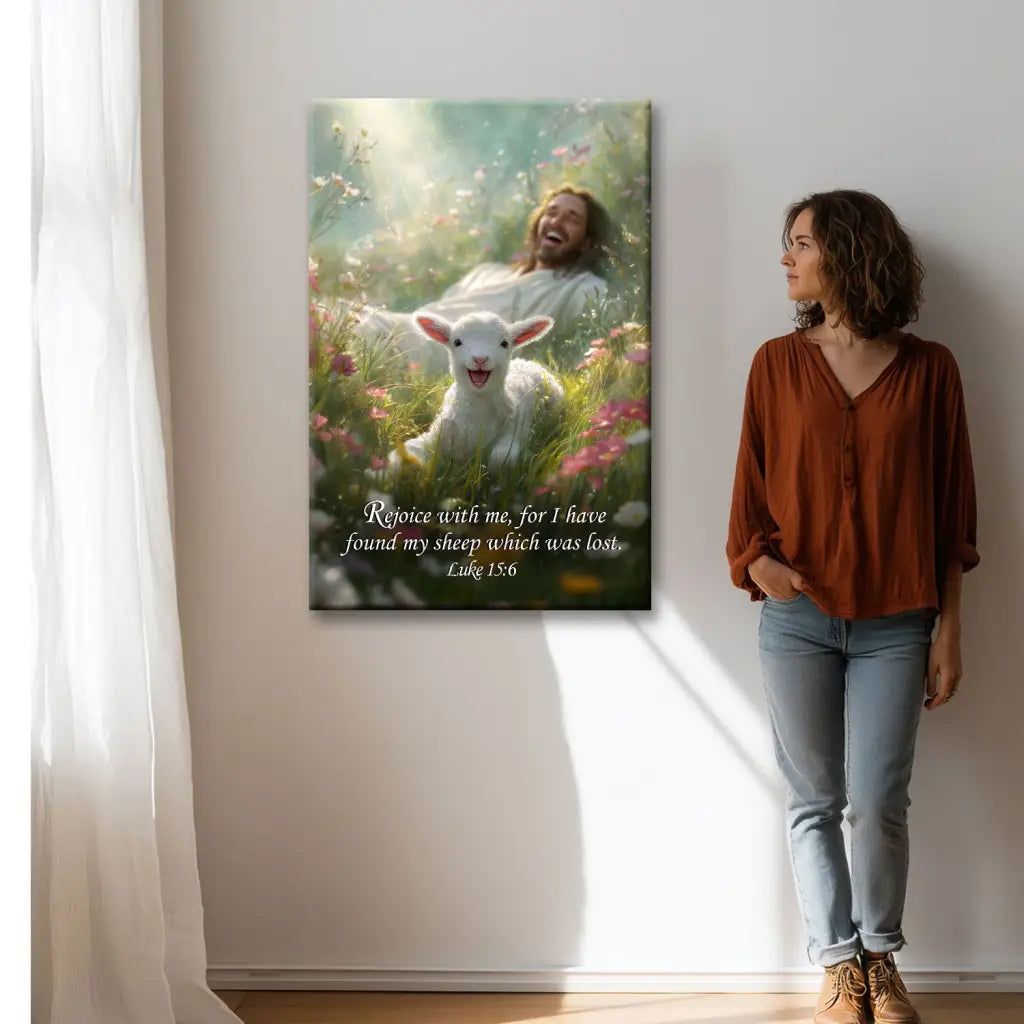Christian wall art inspired by Luke 15:6 celebrating the return of the lost sheep.