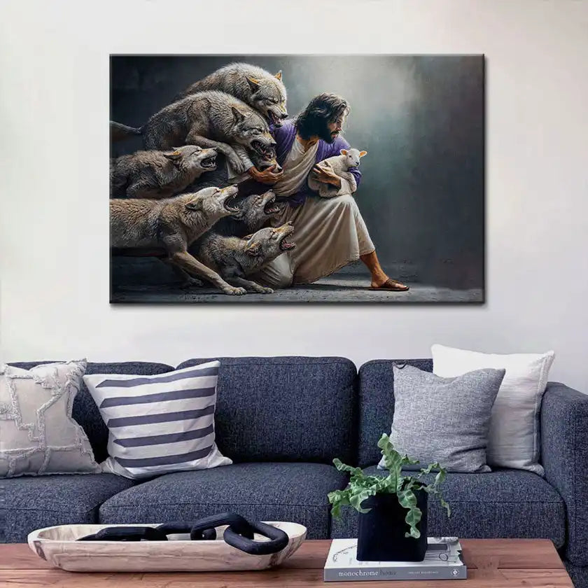 Religious art print depicting Jesus protecting a lamb from wolves.