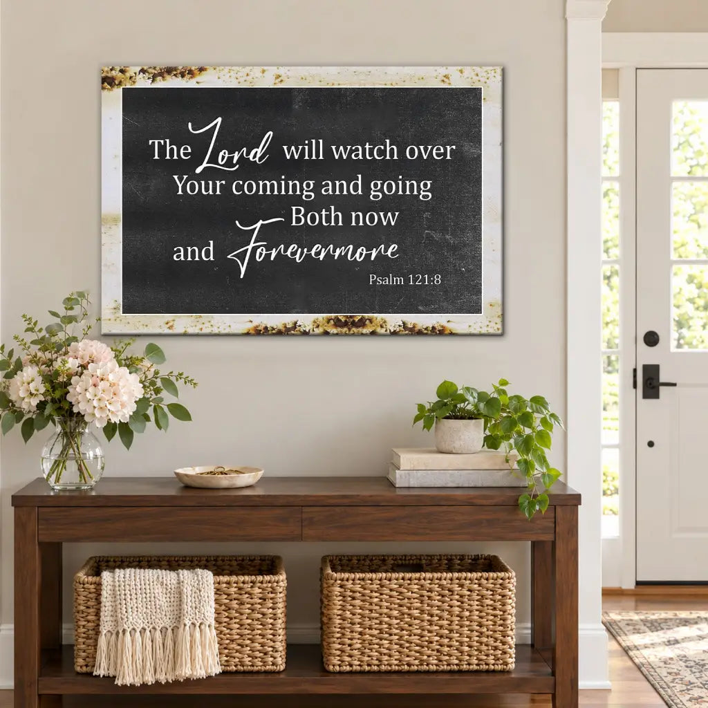Rustic Christian Wall Art: The Lord Will Watch Over Your Coming Going Canvas Print Black / 12’’ x 8’’