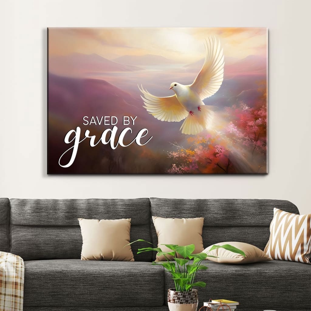 Inspirational canvas art showcasing a stunning sunrise and a dove with the message "Saved by Grace," ideal for Christian gifts.