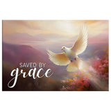Beautiful Christian wall art displaying the phrase "Saved by Grace," with a serene sunrise and dove, enhancing any faith-based space.