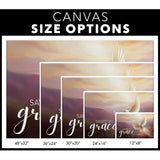 Faith-based wall art canvas featuring a divine sunrise and dove alongside the powerful message "Saved by Grace," perfect for home decor / size options.